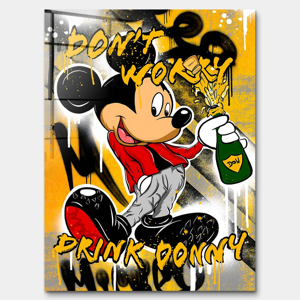 Obraz na szkle akrylowym pop art z ikoniczną myszką, zieloną butelką, graffiti i napisami Drink Donny, nowoczesna sztuka street art.