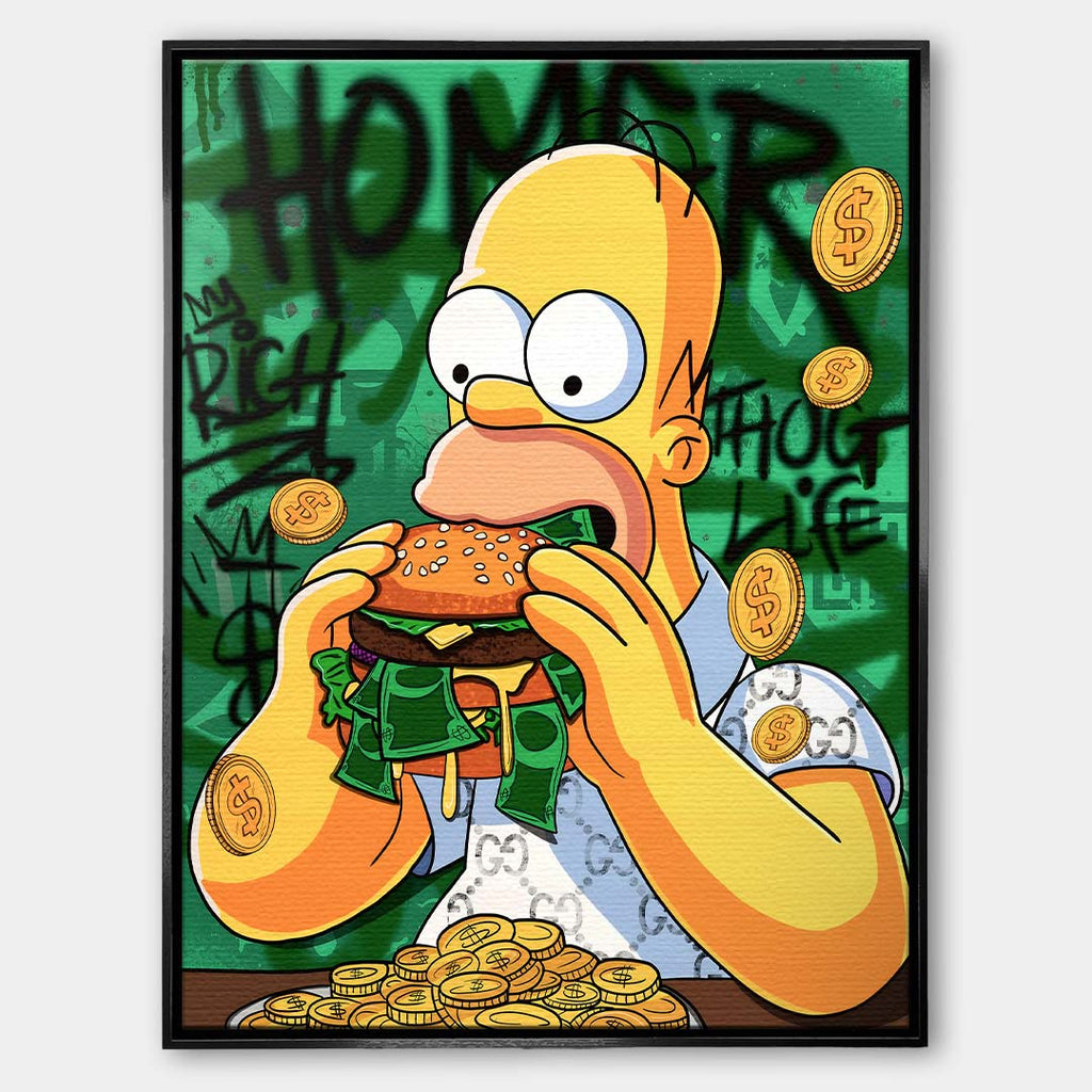 Sztuka nowoczesna pop-art: obraz na płótnie z żółtą postacią jedzącą burgera z banknotów na zielonym tle z graffiti. Wydruk galeryjny Huephant.