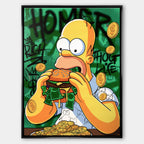 Sztuka nowoczesna pop-art: obraz na płótnie z żółtą postacią jedzącą burgera z banknotów na zielonym tle z graffiti. Wydruk galeryjny Huephant.