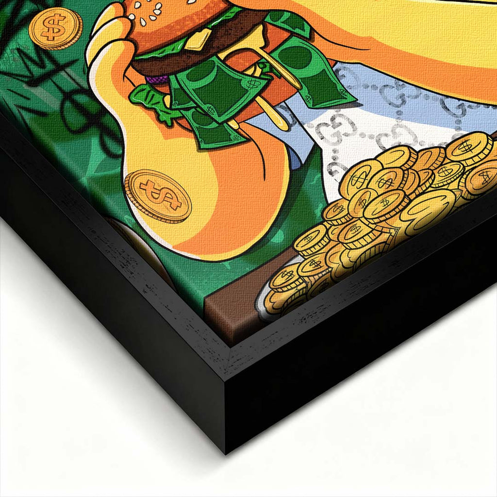 Sztuka nowoczesna pop-art: obraz na płótnie z żółtą postacią jedzącą burgera z banknotów na zielonym tle z graffiti. Wydruk galeryjny Huephant.