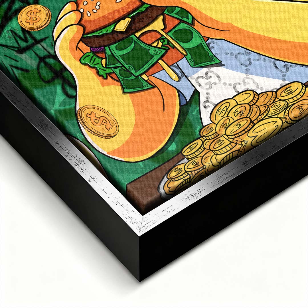 Sztuka nowoczesna pop-art: obraz na płótnie z żółtą postacią jedzącą burgera z banknotów na zielonym tle z graffiti. Wydruk galeryjny Huephant.