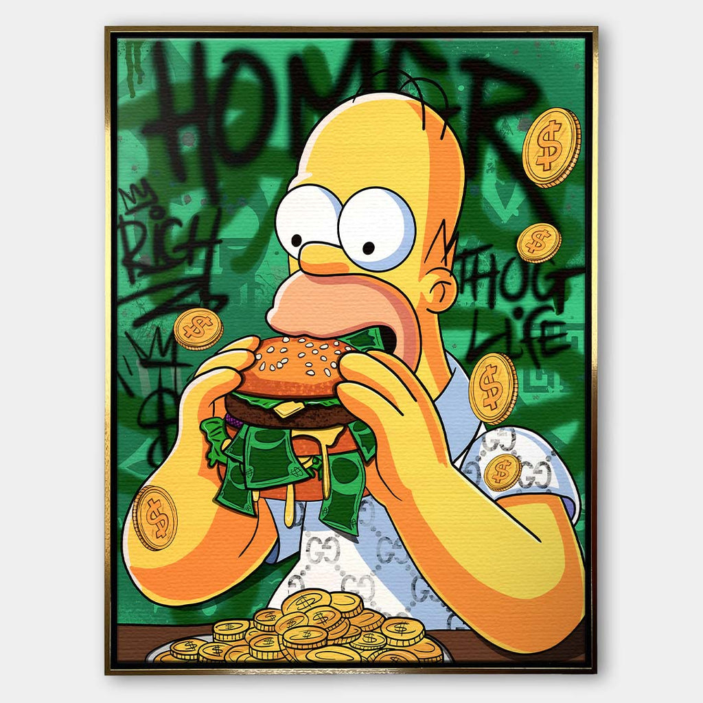 Sztuka nowoczesna pop-art: obraz na płótnie z żółtą postacią jedzącą burgera z banknotów na zielonym tle z graffiti. Wydruk galeryjny Huephant.