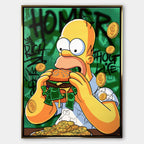 Sztuka nowoczesna pop-art: obraz na płótnie z żółtą postacią jedzącą burgera z banknotów na zielonym tle z graffiti. Wydruk galeryjny Huephant.