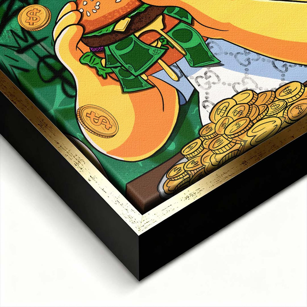 Sztuka nowoczesna pop-art: obraz na płótnie z żółtą postacią jedzącą burgera z banknotów na zielonym tle z graffiti. Wydruk galeryjny Huephant.