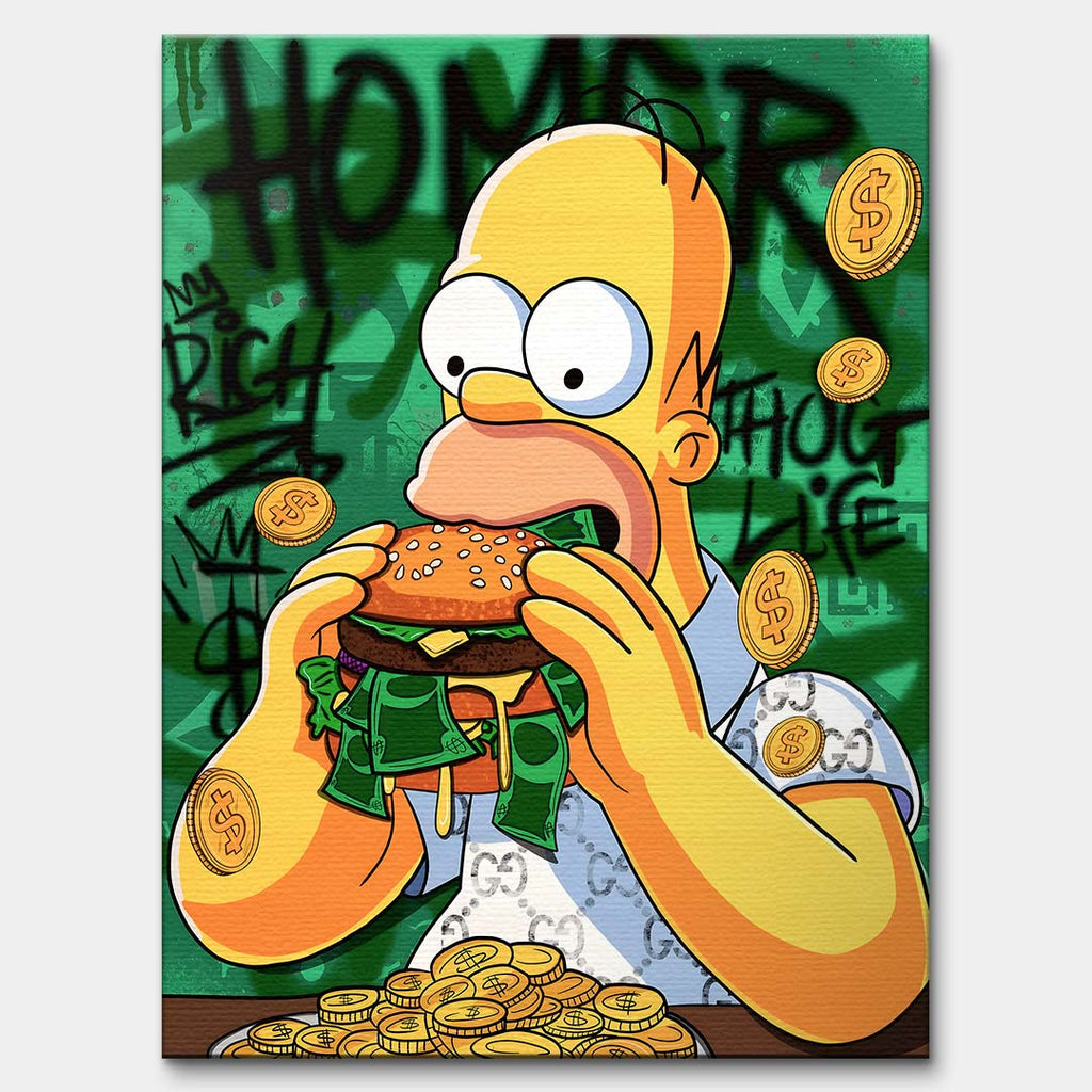 Sztuka nowoczesna pop-art: obraz na płótnie z żółtą postacią jedzącą burgera z banknotów na zielonym tle z graffiti. Wydruk galeryjny Huephant.