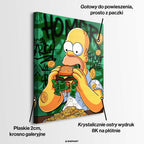 Sztuka nowoczesna pop-art: obraz na płótnie z żółtą postacią jedzącą burgera z banknotów na zielonym tle z graffiti. Wydruk galeryjny Huephant.