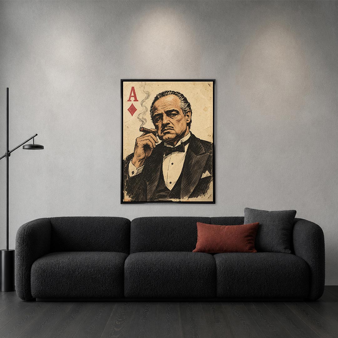 Obraz Father Card – czarna rama – aranżacja we wnętrzu – Huephant