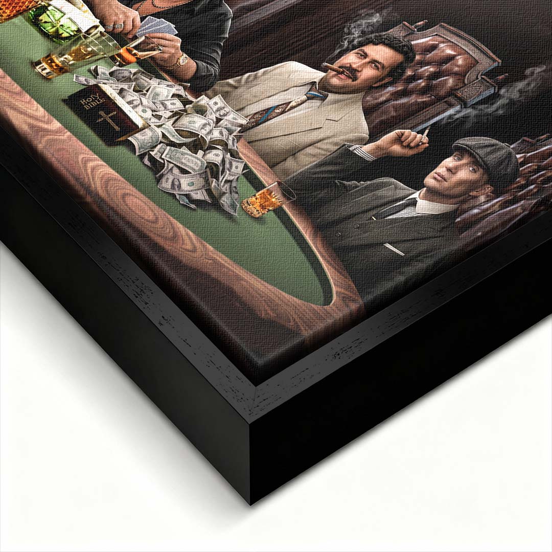 Panoramiczny obraz na płótnie z gangsterami przy stole do pokera, dymem, kartami i whisky, wydruk galeryjny do salonu lub gabinetu.