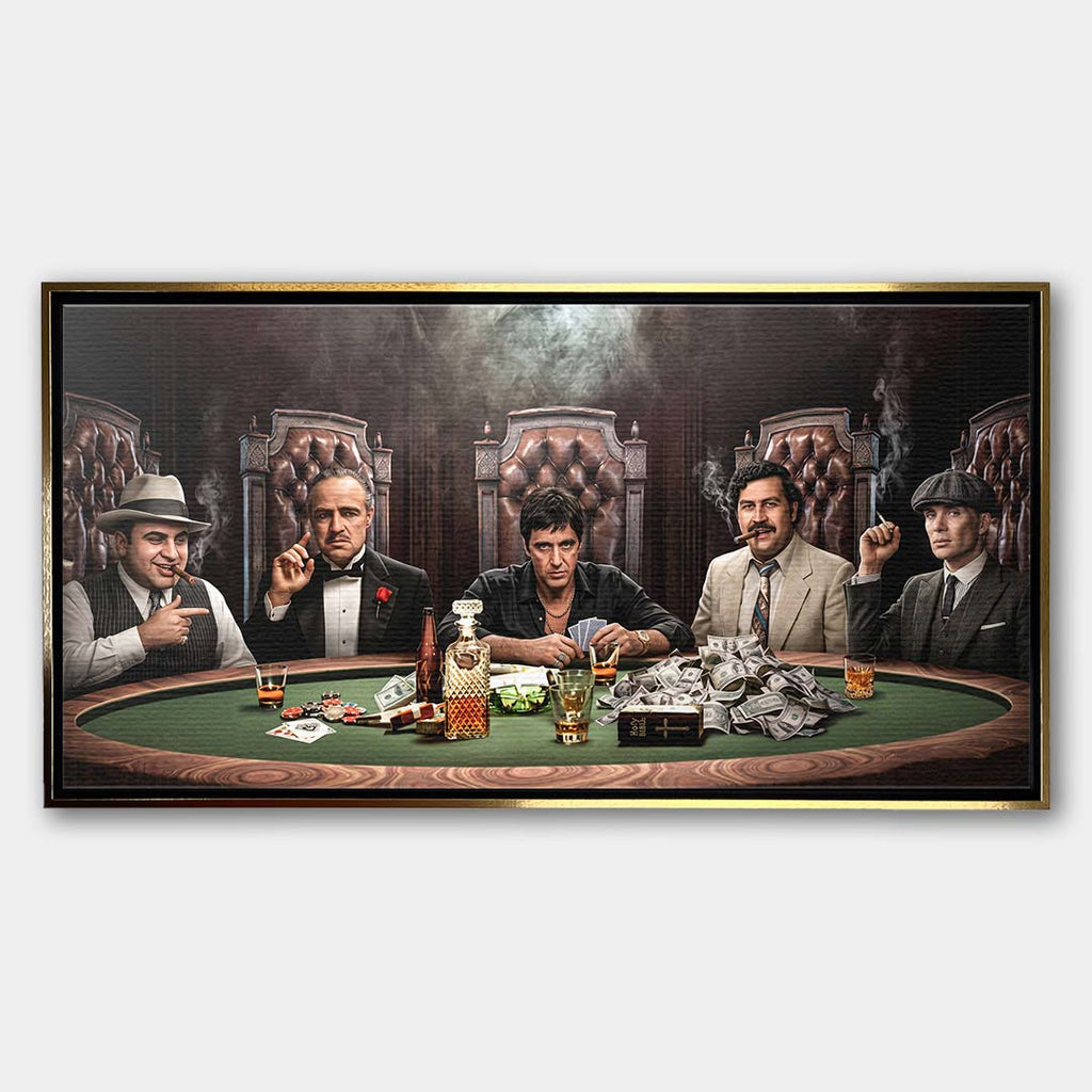 Panoramiczny obraz na płótnie z gangsterami przy stole do pokera, dymem, kartami i whisky, wydruk galeryjny do salonu lub gabinetu.
