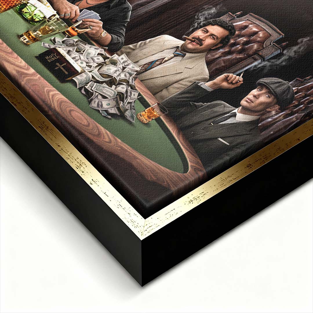 Panoramiczny obraz na płótnie z gangsterami przy stole do pokera, dymem, kartami i whisky, wydruk galeryjny do salonu lub gabinetu.