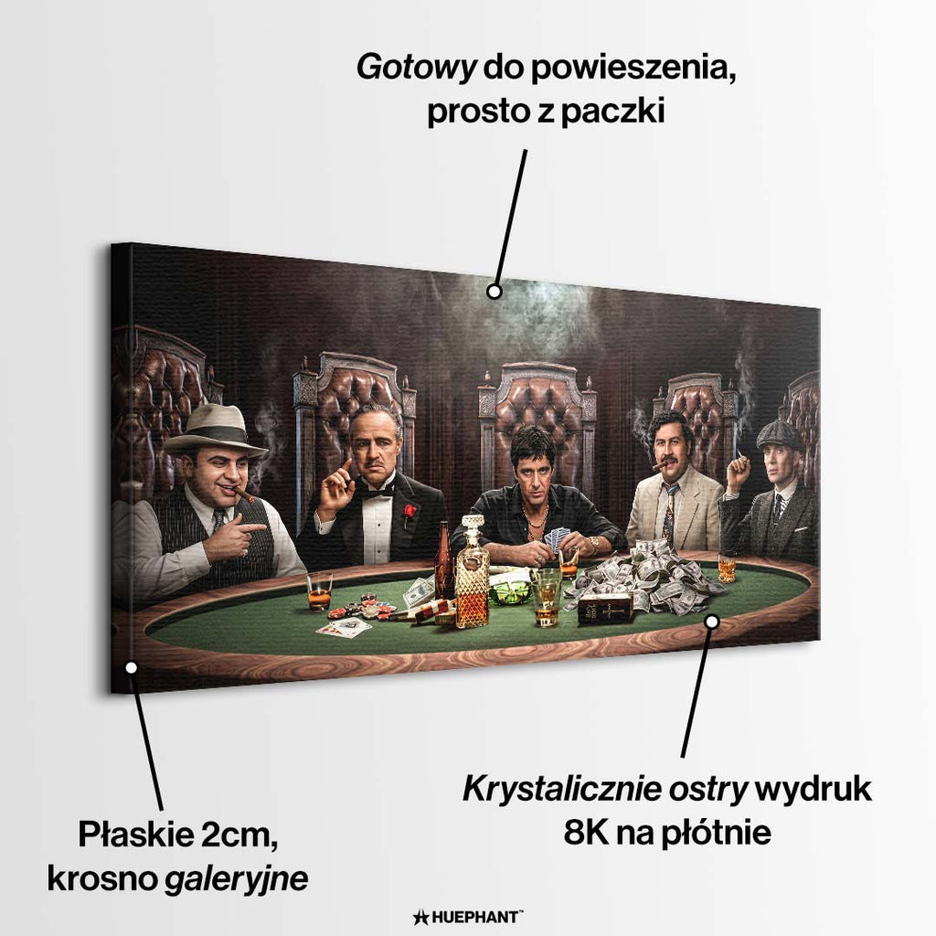 Panoramiczny obraz na płótnie z gangsterami przy stole do pokera, dymem, kartami i whisky, wydruk galeryjny do salonu lub gabinetu.