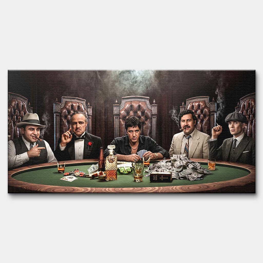 Panoramiczny obraz na płótnie z gangsterami przy stole do pokera, dymem, kartami i whisky, wydruk galeryjny do salonu lub gabinetu.