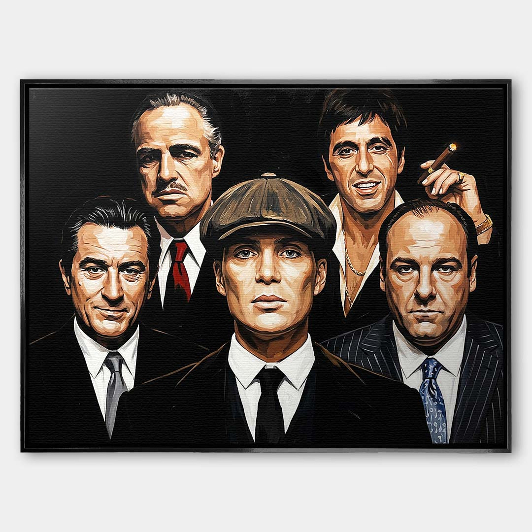 Obraz na płótnie Gnagsters 5 Legendy Gangsterskiego Kina marki Huephant. Wydruk galeryjny przedstawiający portrety pięciu filmowych gangsterów.