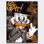 Obraz na płótnie Go Get It – stylizowana kaczka w cylindrze, graffiti i mroczne tło, nowoczesny wydruk galeryjny street art.