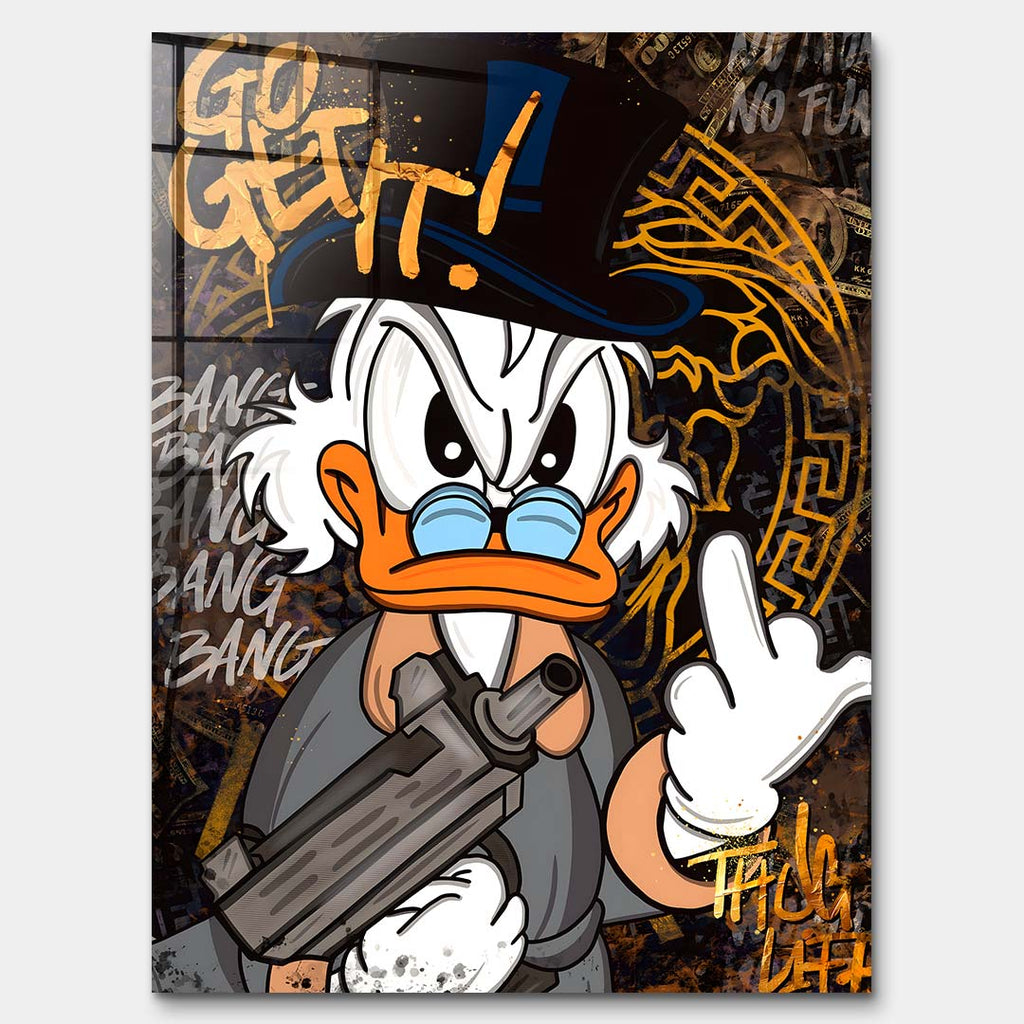 Obraz na płótnie Go Get It – stylizowana kaczka w cylindrze, graffiti i mroczne tło, nowoczesny wydruk galeryjny street art.