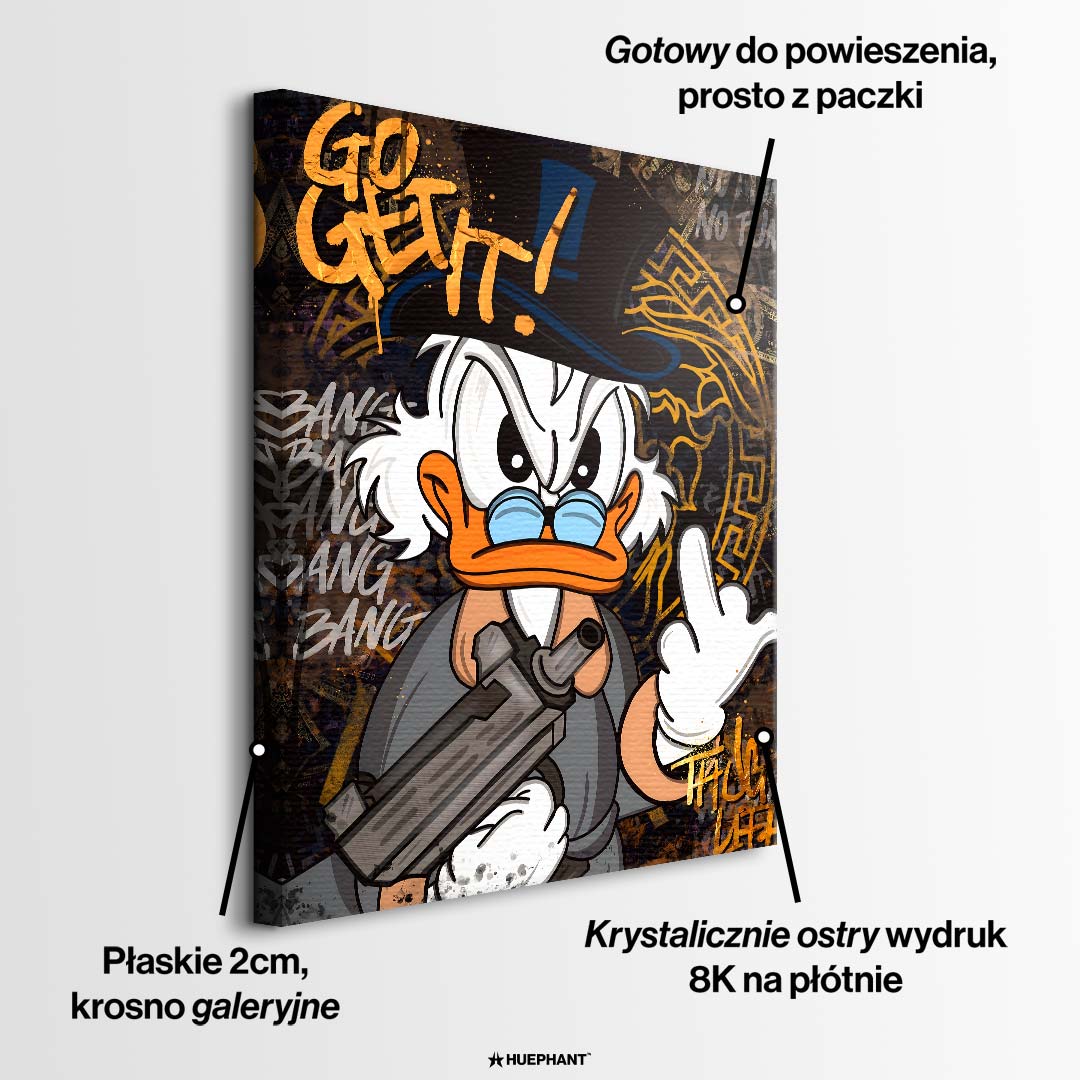 Obraz na płótnie Go Get It – stylizowana kaczka w cylindrze, graffiti i mroczne tło, nowoczesny wydruk galeryjny street art.