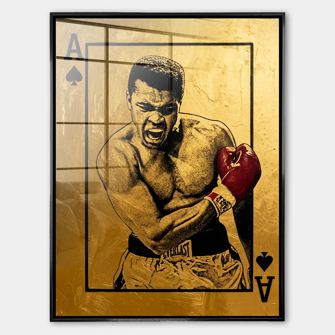 Obraz Gold Boxer – Szkło akrylowe – Czarna rama – Huephant