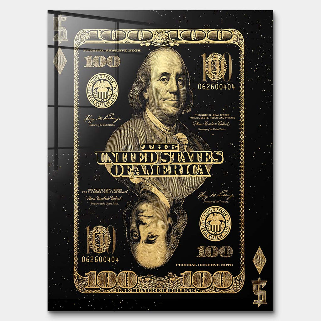 Obraz na szkle akrylowym Gold Dollar Card ze złotym motywem banknotu i karty do gry na czarnym tle, nowoczesny wydruk galeryjny do biura.