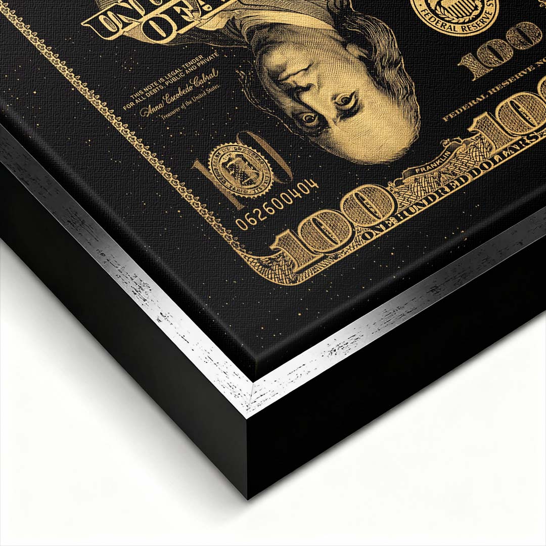 Obraz na płótnie Gold Dollar Card ze złotym motywem banknotu i karty do gry na czarnym tle, nowoczesny wydruk galeryjny do biura.