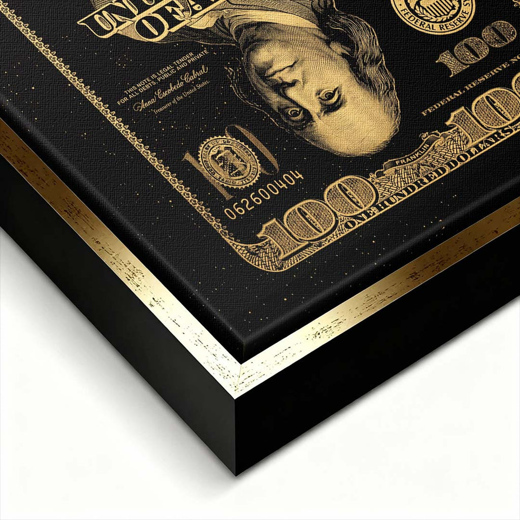 Obraz na płótnie Gold Dollar Card ze złotym motywem banknotu i karty do gry na czarnym tle, nowoczesny wydruk galeryjny do biura.