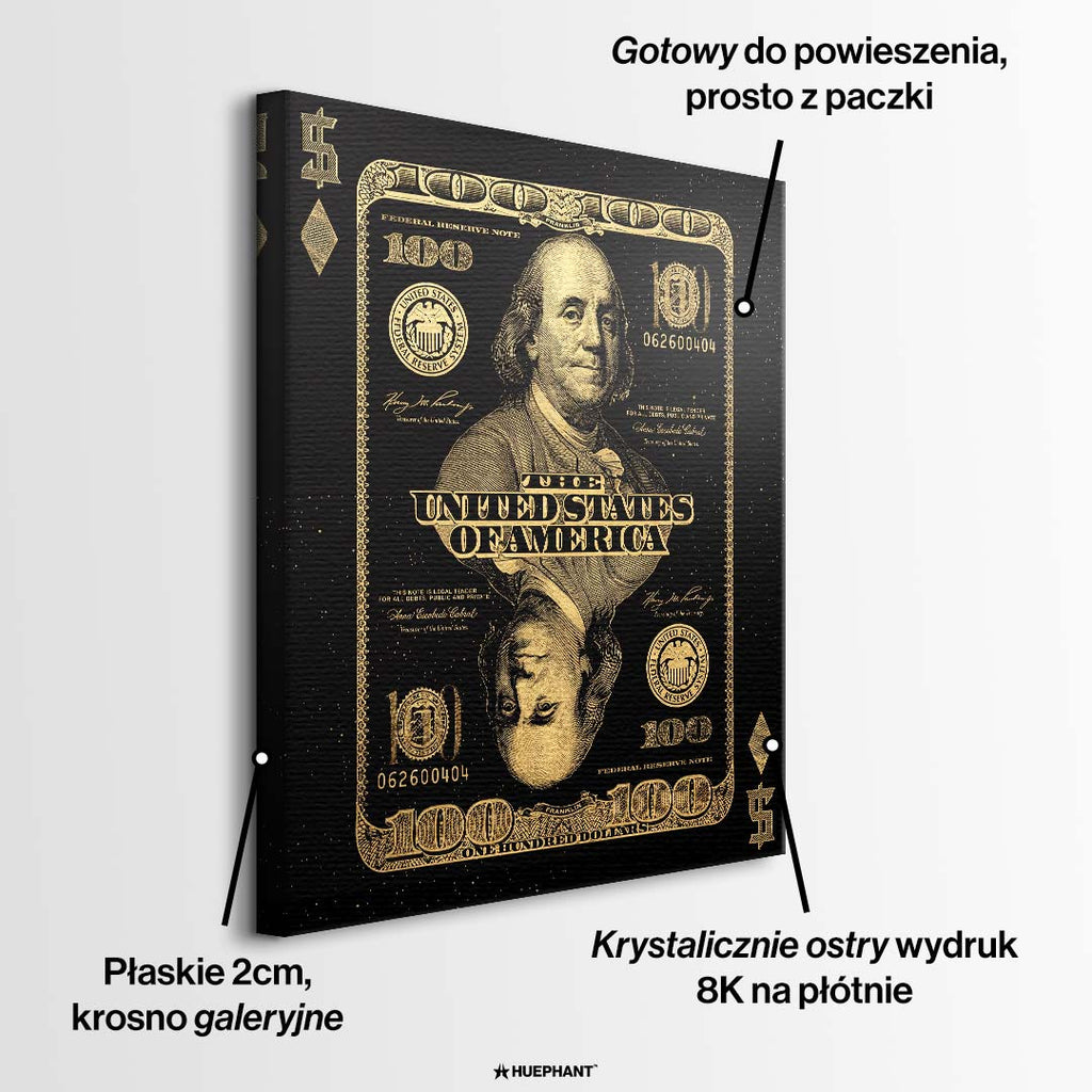 Obraz na płótnie Gold Dollar Card ze złotym motywem banknotu i karty do gry na czarnym tle, nowoczesny wydruk galeryjny do biura.