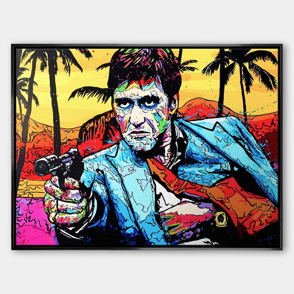 Nowoczesny obraz na płótnie w stylu pop-art przedstawiający portret mężczyzny z pistoletem na tle palm. Kolorowy wydruk galeryjny od Huephant, edycja limitowana