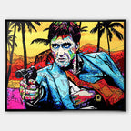 Nowoczesny obraz na płótnie w stylu pop-art przedstawiający portret mężczyzny z pistoletem na tle palm. Kolorowy wydruk galeryjny od Huephant, edycja limitowana