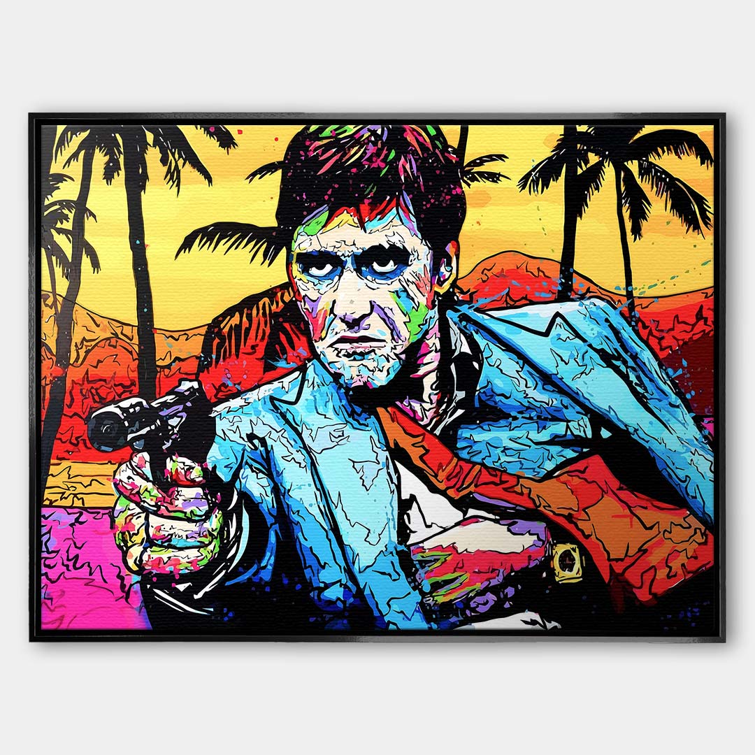 Nowoczesny obraz na płótnie w stylu pop-art przedstawiający portret mężczyzny z pistoletem na tle palm. Kolorowy wydruk galeryjny od Huephant, edycja limitowana