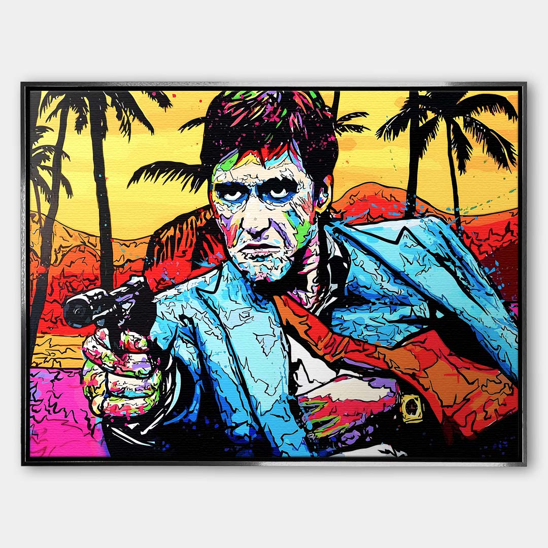 Nowoczesny obraz na płótnie w stylu pop-art przedstawiający portret mężczyzny z pistoletem na tle palm. Kolorowy wydruk galeryjny od Huephant, edycja limitowana