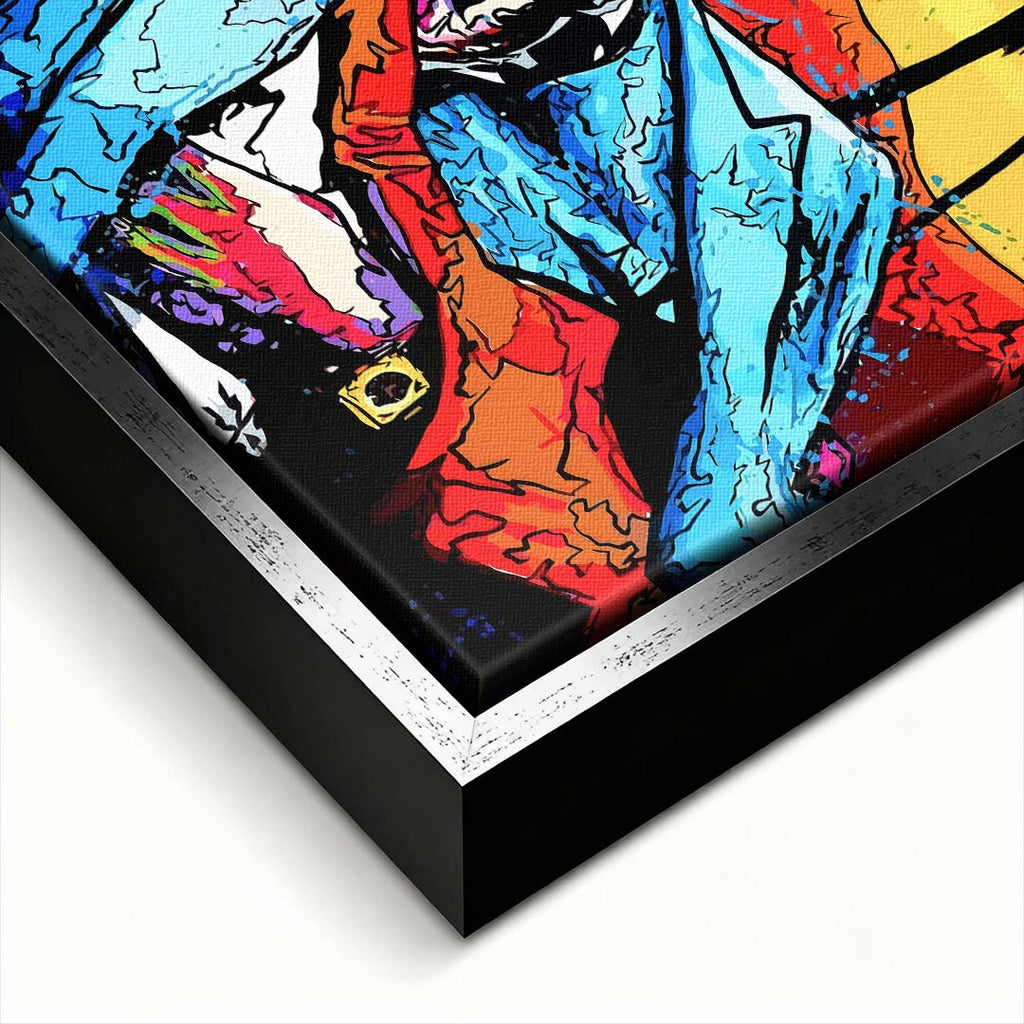 Nowoczesny obraz na płótnie w stylu pop-art przedstawiający portret mężczyzny z pistoletem na tle palm. Kolorowy wydruk galeryjny od Huephant, edycja limitowana