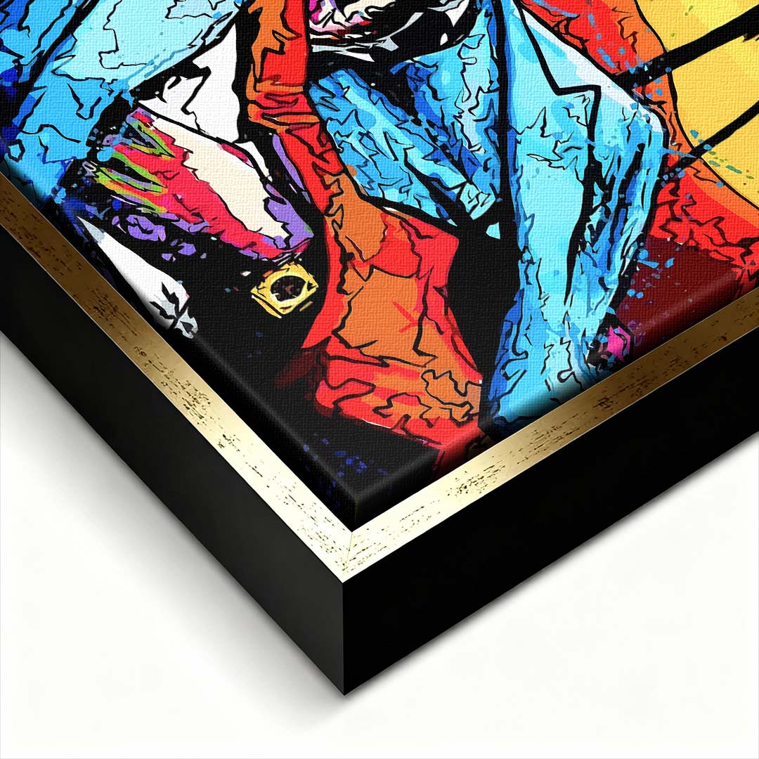 Nowoczesny obraz na płótnie w stylu pop-art przedstawiający portret mężczyzny z pistoletem na tle palm. Kolorowy wydruk galeryjny od Huephant, edycja limitowana