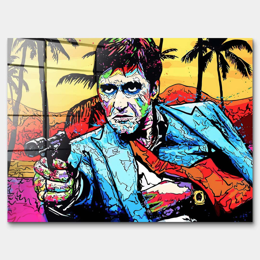 Nowoczesny obraz na szkle akrylowym w stylu pop-art przedstawiający portret mężczyzny z pistoletem na tle palm. Kolorowy wydruk galeryjny od Huephant, edycja limitowana