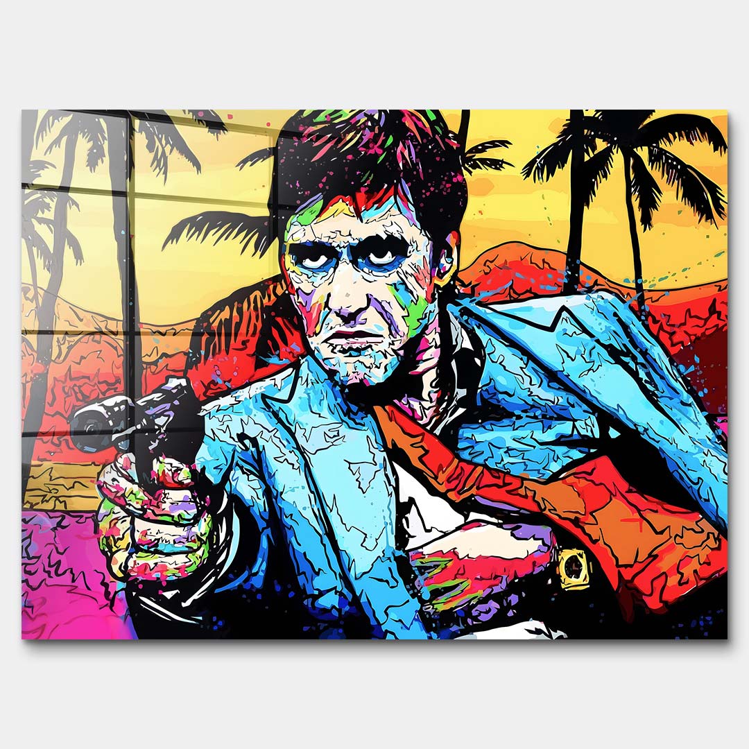Nowoczesny obraz na szkle akrylowym w stylu pop-art przedstawiający portret mężczyzny z pistoletem na tle palm. Kolorowy wydruk galeryjny od Huephant, edycja limitowana