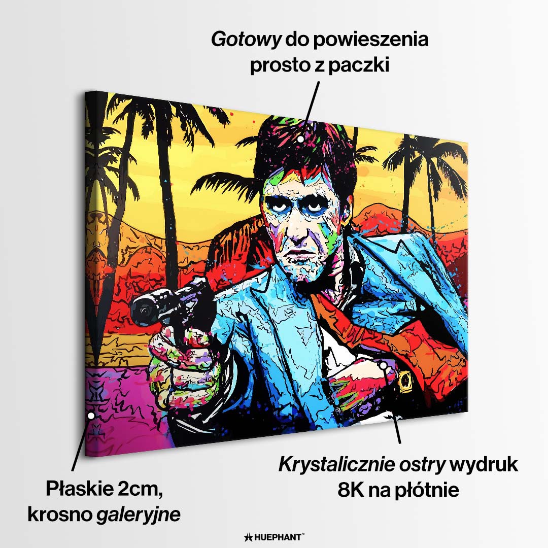 Nowoczesny obraz na płótnie w stylu pop-art przedstawiający portret mężczyzny z pistoletem na tle palm. Kolorowy wydruk galeryjny od Huephant, edycja limitowana