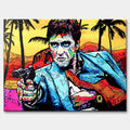 Nowoczesny obraz na płótnie w stylu pop-art przedstawiający portret mężczyzny z pistoletem na tle palm. Kolorowy wydruk galeryjny od Huephant, edycja limitowana