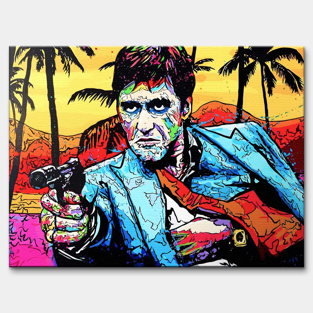 Nowoczesny obraz na płótnie w stylu pop-art przedstawiający portret mężczyzny z pistoletem na tle palm. Kolorowy wydruk galeryjny od Huephant, edycja limitowana