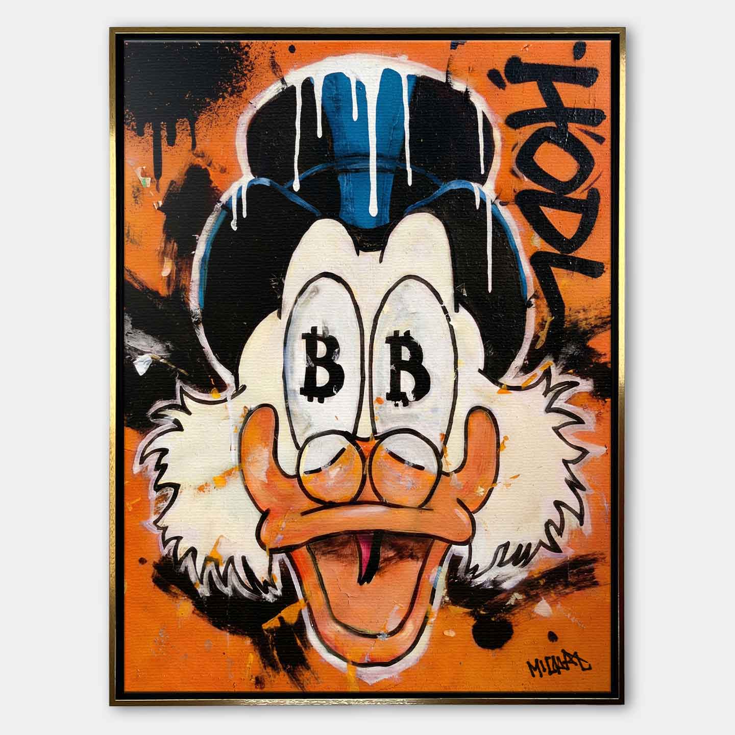 Obraz na płótnie Hodl Duck – stylizowana kaczka z oczami bitcoin, pomarańczowym tłem i graffiti HODL, nowoczesny wydruk galeryjny.