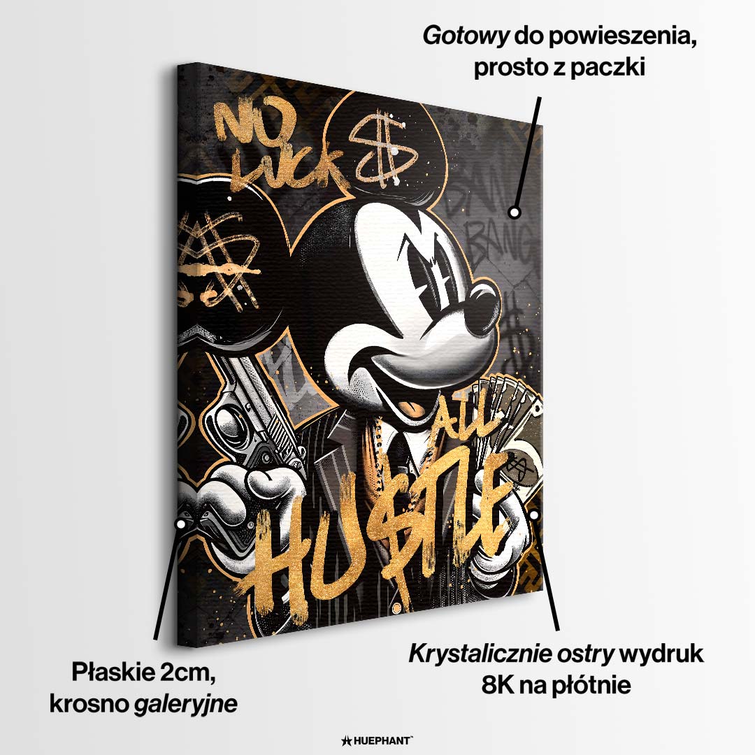 Obraz na płótnie Hustler Mouse – stylizowana mysz z gotówką, złotymi napisami i street artowym tłem, nowoczesny wydruk galeryjny.