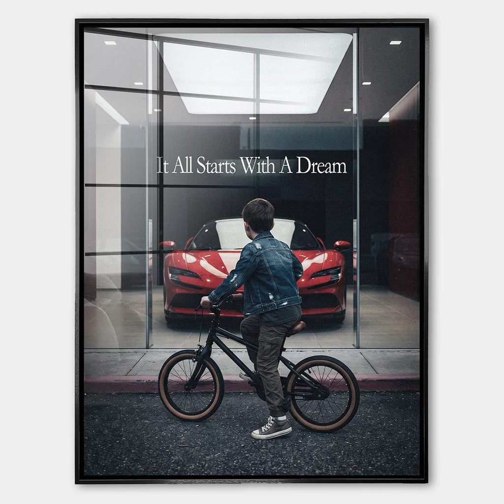 Obraz It All Starts With A Dream – Showroom – Szkło akrylowe – Czarna rama – Huephant