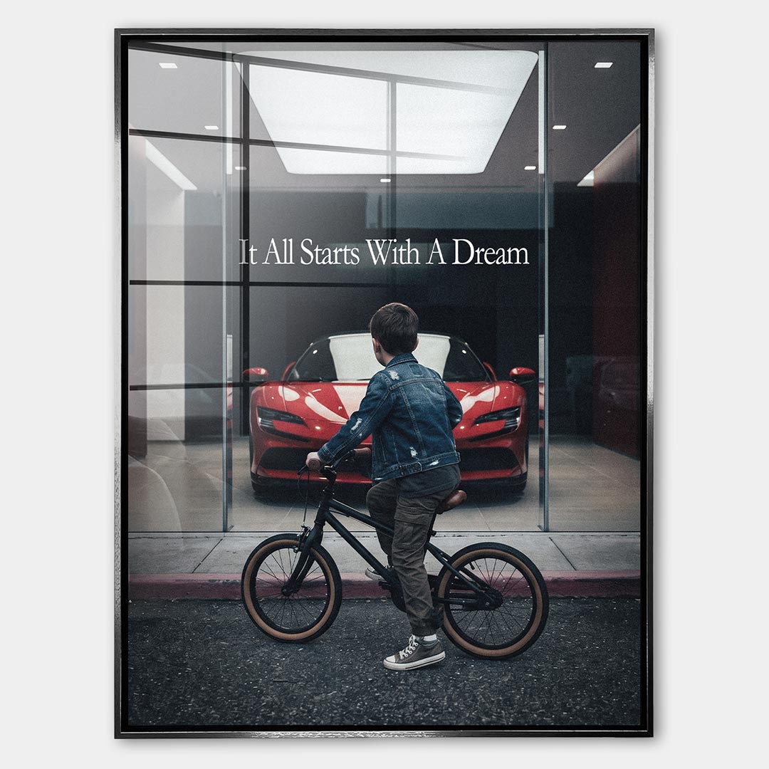 Obraz It All Starts With A Dream – Showroom – Szkło akrylowe – Srebrna rama – Huephant