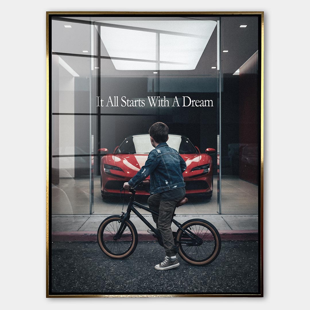 Obraz It All Starts With A Dream – Showroom – Szkło akrylowe – Złota rama – Huephant