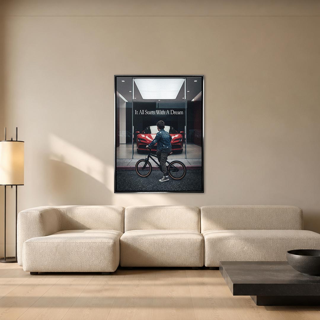Obraz It All Starts With A Dream – Showroom – srebrna rama – aranżacja we wnętrzu – Huephant