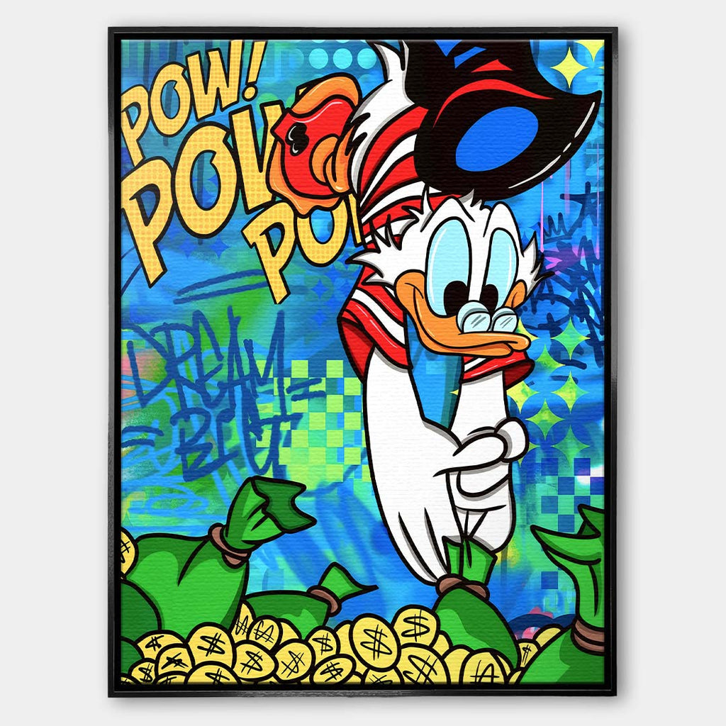 Nowoczesny obraz pop-art na płótnie przedstawiający kaczora skaczącego do złotych monet na tle graffiti z napisem Dream Big. Wydruk galeryjny Huephant.