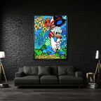 Nowoczesny obraz pop-art na płótnie przedstawiający kaczora skaczącego do złotych monet na tle graffiti z napisem Dream Big. Wydruk galeryjny Huephant.