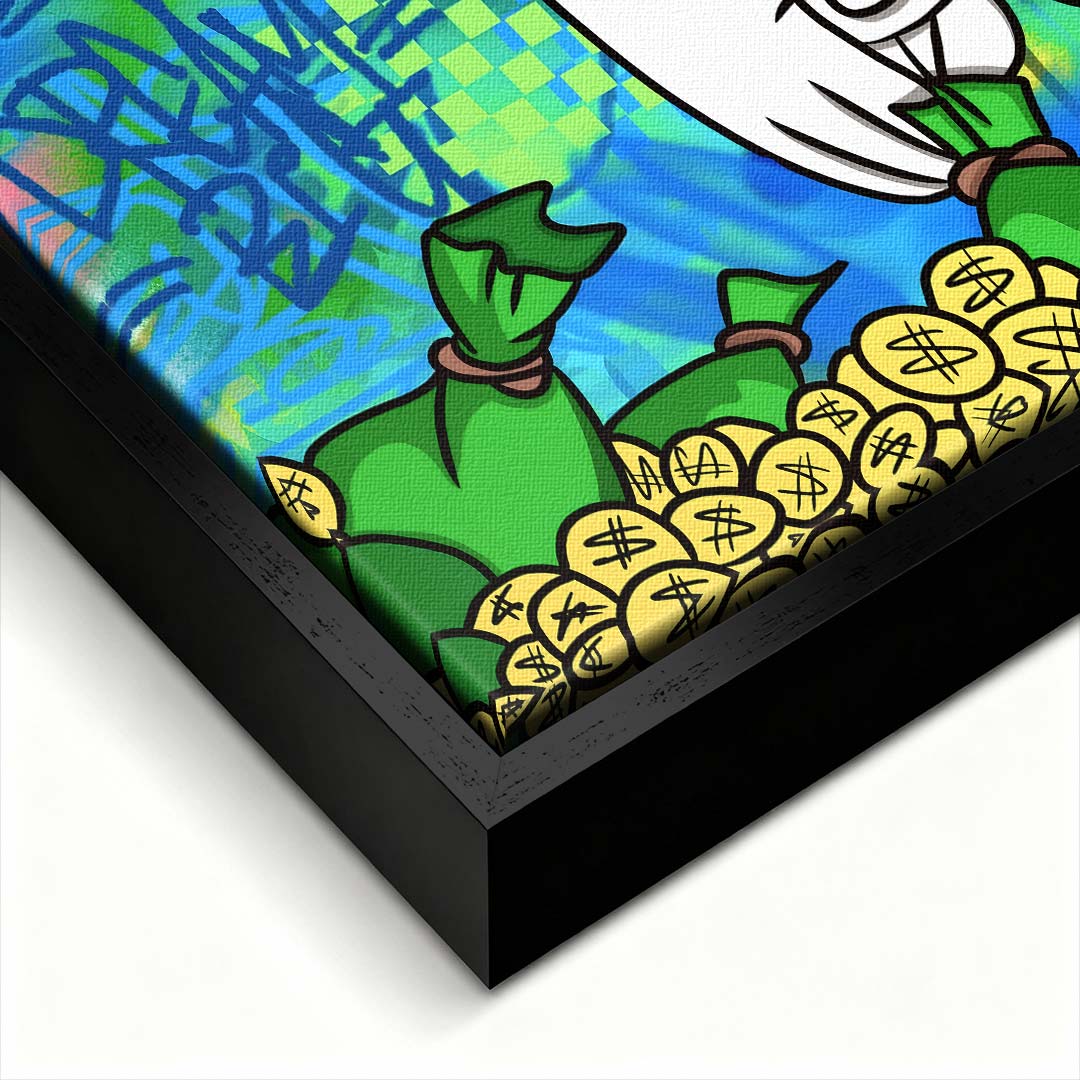Nowoczesny obraz pop-art na płótnie przedstawiający kaczora skaczącego do złotych monet na tle graffiti z napisem Dream Big. Wydruk galeryjny Huephant.