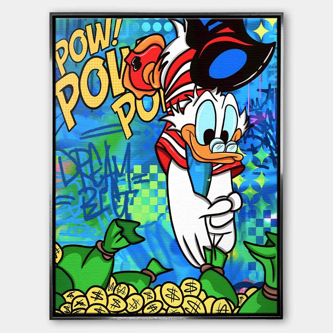 Nowoczesny obraz pop-art na płótnie przedstawiający kaczora skaczącego do złotych monet na tle graffiti z napisem Dream Big. Wydruk galeryjny Huephant.