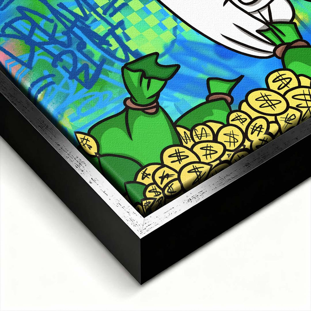 Nowoczesny obraz pop-art na płótnie przedstawiający kaczora skaczącego do złotych monet na tle graffiti z napisem Dream Big. Wydruk galeryjny Huephant.