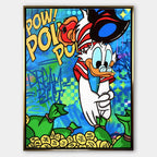 Nowoczesny obraz pop-art na płótnie przedstawiający kaczora skaczącego do złotych monet na tle graffiti z napisem Dream Big. Wydruk galeryjny Huephant.