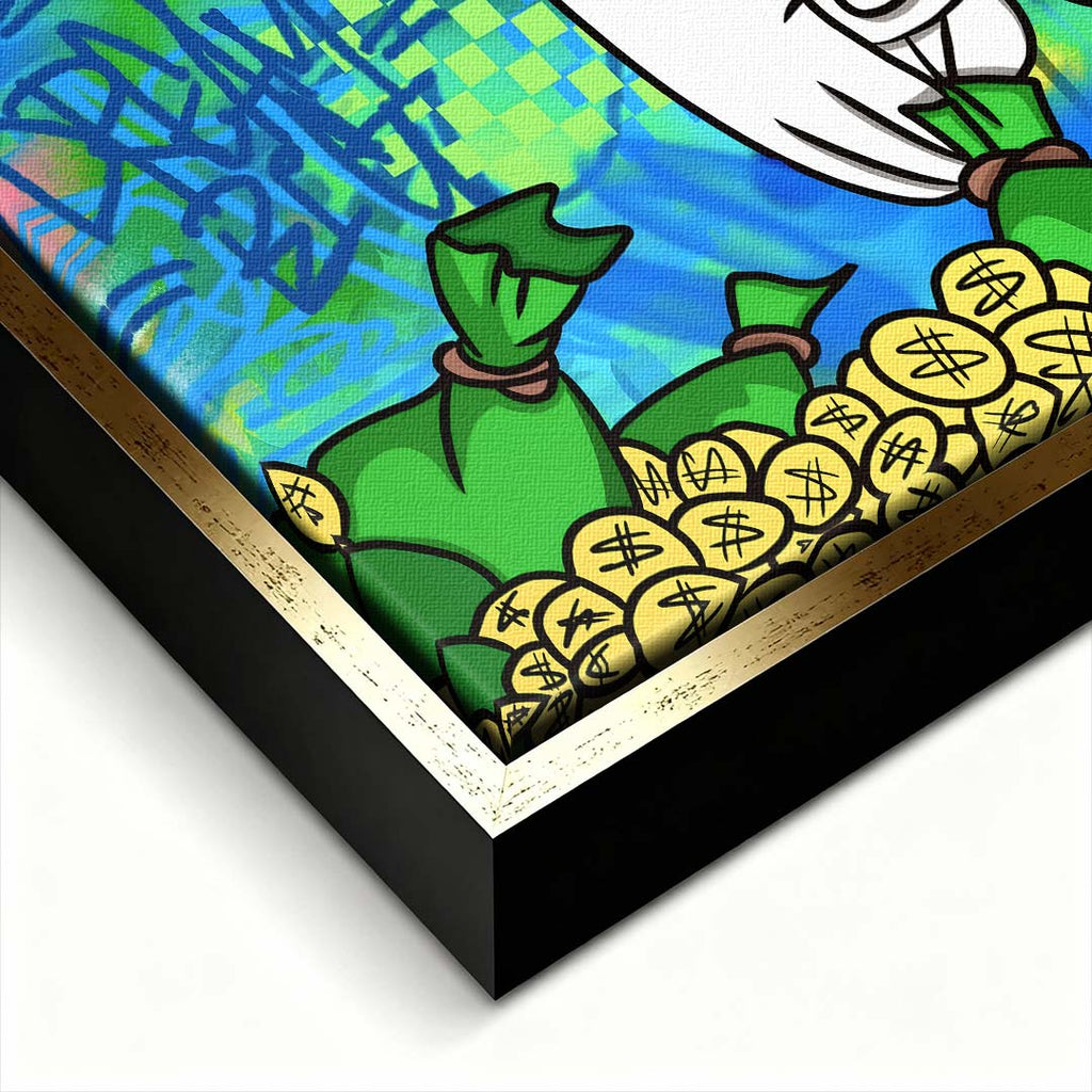 Nowoczesny obraz pop-art na płótnie przedstawiający kaczora skaczącego do złotych monet na tle graffiti z napisem Dream Big. Wydruk galeryjny Huephant.