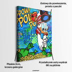 Nowoczesny obraz pop-art na płótnie przedstawiający kaczora skaczącego do złotych monet na tle graffiti z napisem Dream Big. Wydruk galeryjny Huephant.